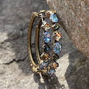 Vintage Sorrelli Blue Crystal Antiqued Gold Hoop Earrings